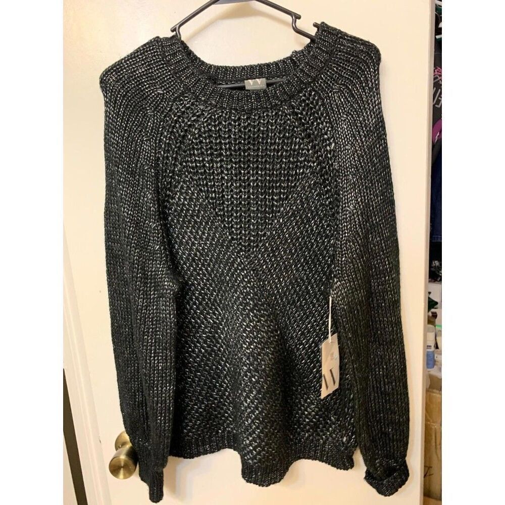Worthington Sweater Women 0X Long Puff Sleeve Black Crew Neck Pullon Chunky Knit